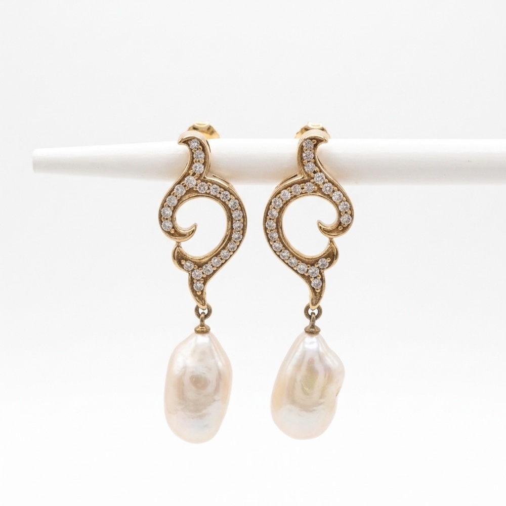 Vintage 925 Sterling Silver & Gold Vermeil Scroll Earrings Baroque Pearl Drops